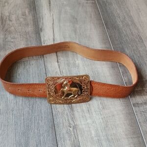 Gold Buckle Brown Leather Belt Western Style